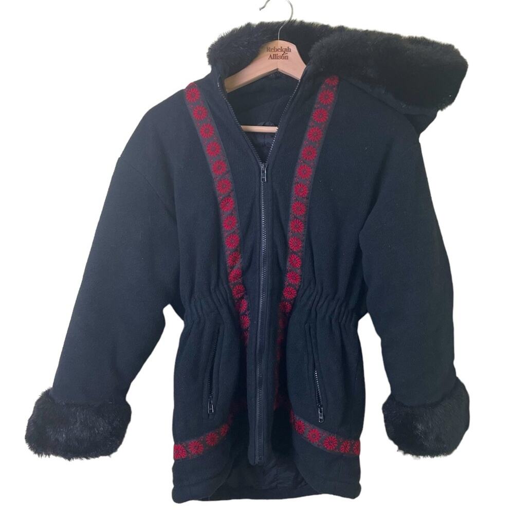 Rothschild Faux Fur Cuff & Hood Fair Isle Black Coat SZ Medium